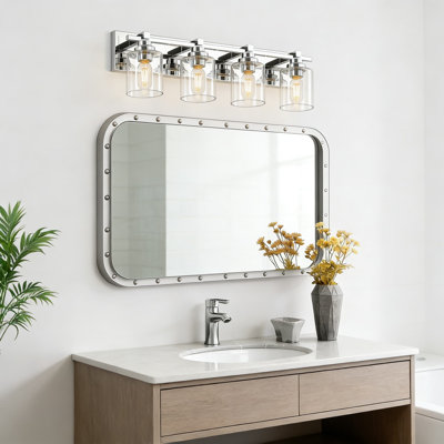 Luminaire de salle de bain moderne à 4 lumières pour dessus de miroir, applique murale avec abat-jour en verre transparent et douilles E26, finition nickel brossé