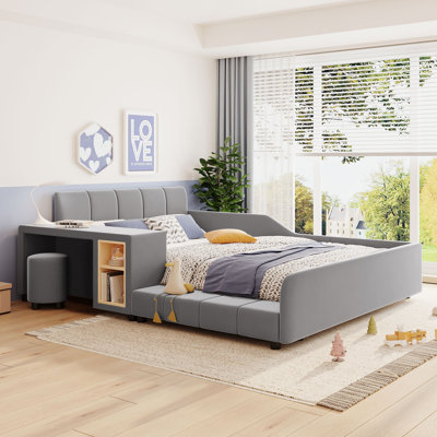 Full Size Upholstered Grounded Platform Bed, Mother & Child Velvet Bed with Bedside Desk & Stool, Kids Safety Bed Frame, Grey
