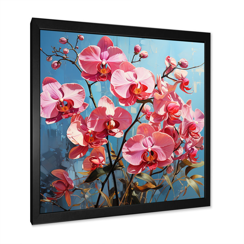 Orchidées roses néon sur toile, H 16 po x l 16 po x P 1 po, Cadre simple noir