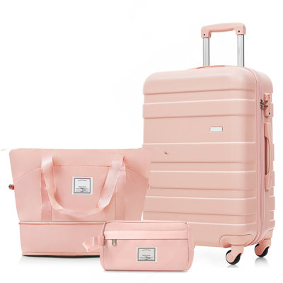 3-Piece Luggage Set  - 24In Checked Suitcase With TSA Lock Travel Duffel Bag Wet-Dry Toiletry Bag,Pink