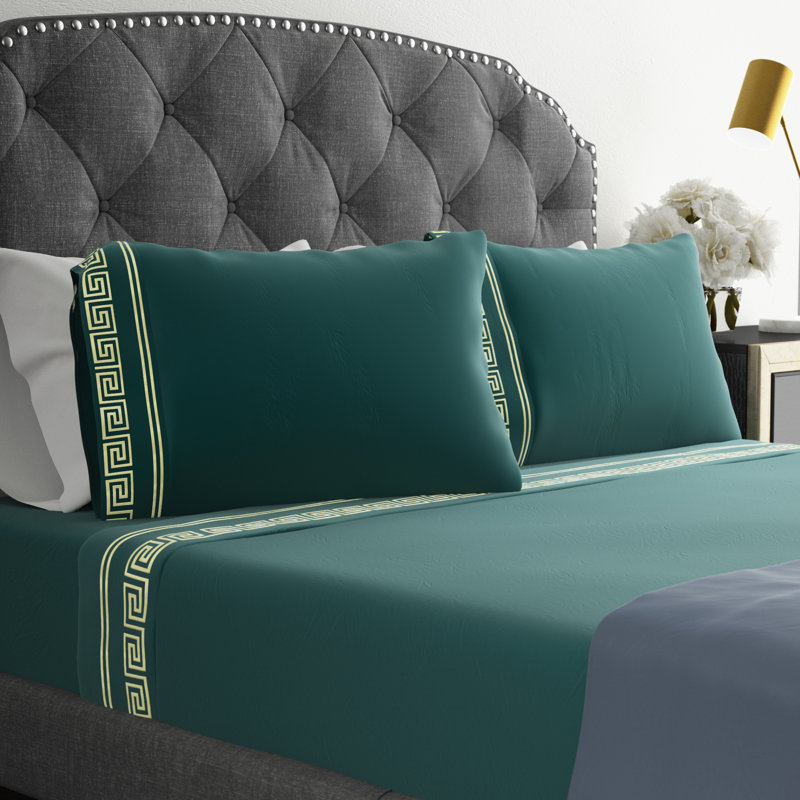 Greek Key Microfiber Geometric Sheet Set, Dark Teal, Queen