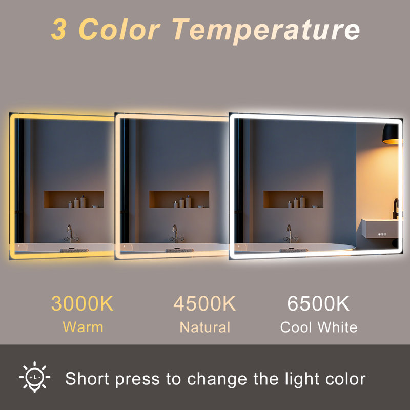 Modern LED ETL Certified Frameless Font&Backlit Anti-Fog Dimmable 3-Color Rectangular Vanity Mirror For Bathroom, 36" x 48"