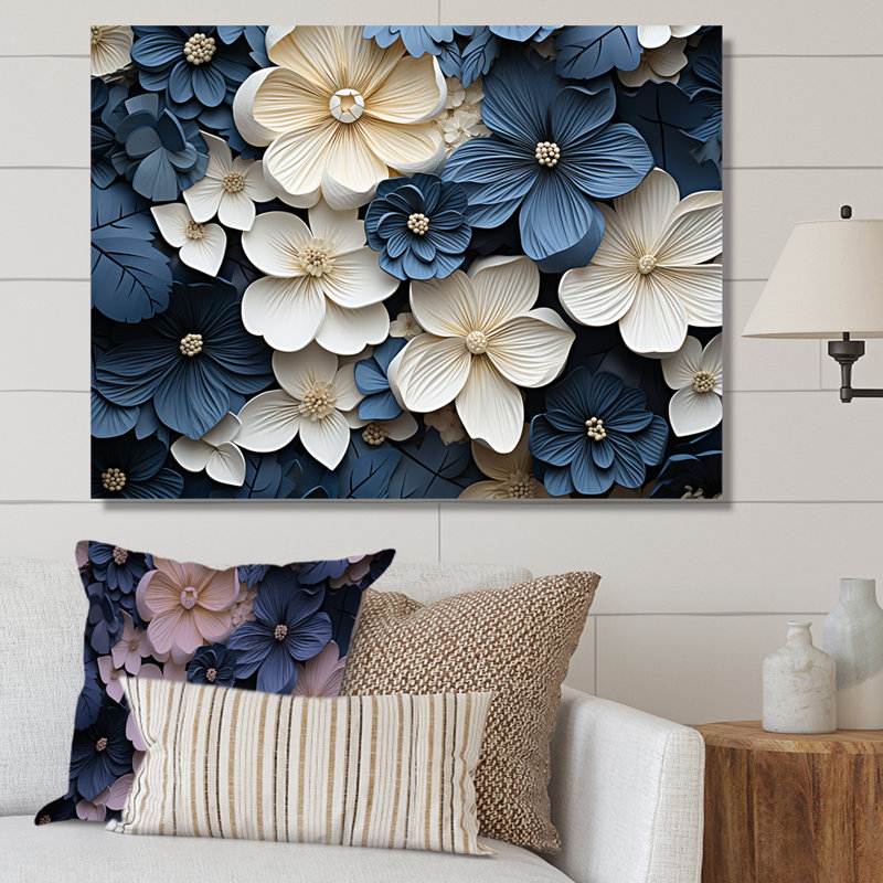 «Blue and White Adorned Violets - Violets», art mural encadré, Toile tendue, H 30 po x l 40 po, Sans cadre