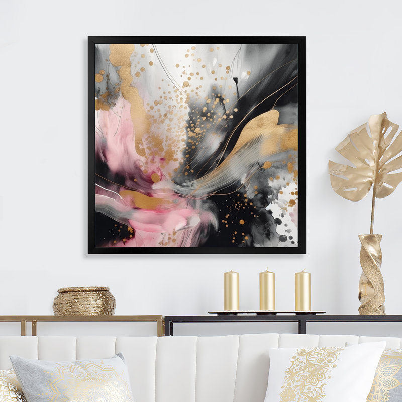 «Pink Gold Texture Splash Marble III», reproduction d'art sur toile abstraite, Impression noire sur toile encadrée
