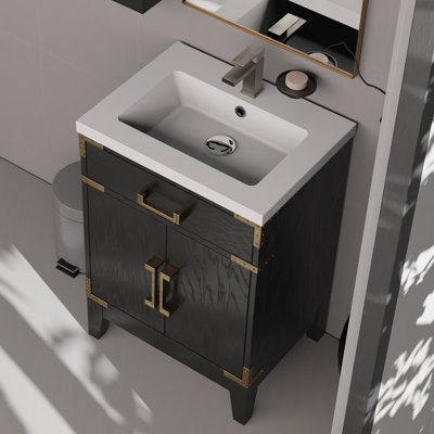 Meuble-lavabo simple en chêne noir 24 po x 18 po, comptoir scellé en acrylique deux fois, robinet et robinet de 18 po Miroir l 24 po x P 18 po avec plateau poli inclus