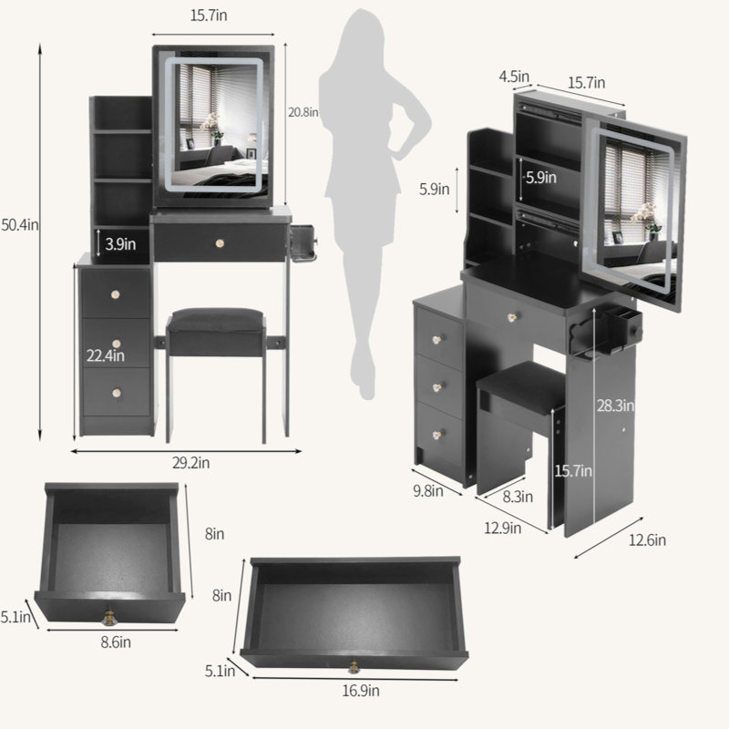 Small Size Left Drawer Desktop Vanity Table + Cushioned Stool, 2 AC+2 USB Power Station, Hair Dryer Bracket, Extra Large Touch Control Sliding LED Mirror, Tri-Color Switching, EPA,GCC,UL Certificate