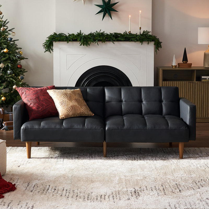 Reiana Twin 76.8'' Faux Leather Convertible Sofa, Midnight Black Faux Leather