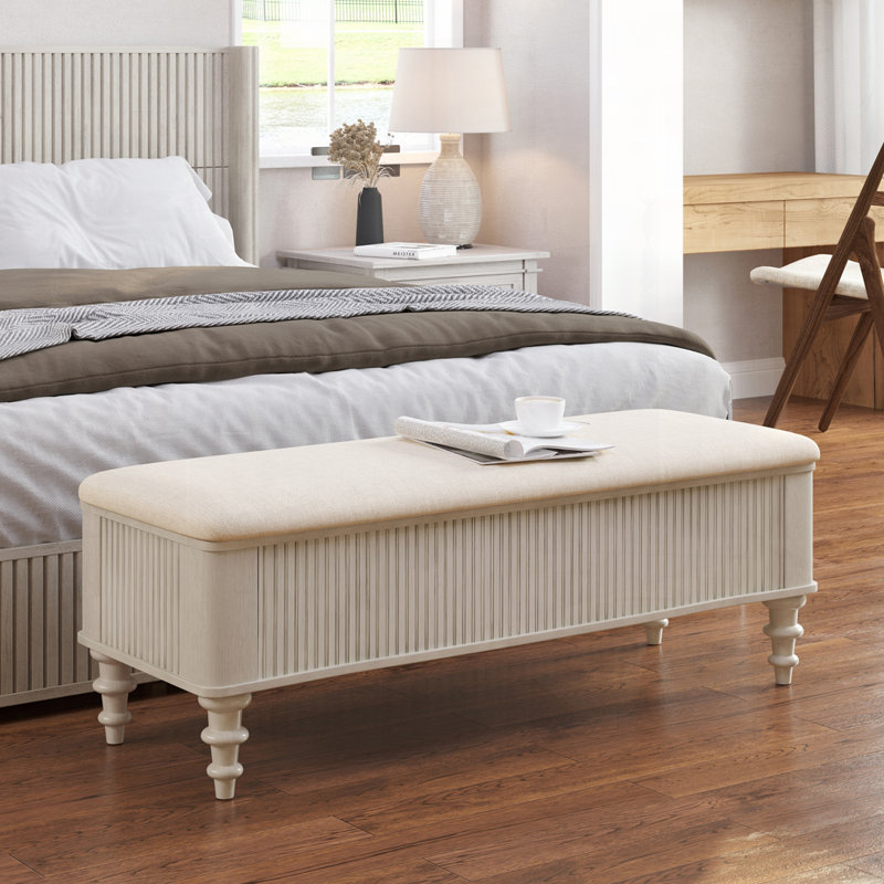 Banc de rangement avec repose-pieds en bois d'hévéa massif de 50,8 pouces avec siège en lin, Beige