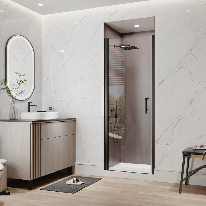 28"-30"W X 72"H Semi-Frameless 180° Rotatable Pivot Shower Door With 1/4 Inches Tempered Glass, Matte Black