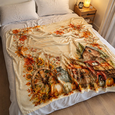Cozy Autumn Farmhouse Throw Blanket, Warm Lightweight Plush Bedding for Sofa Couch Bedroom Living Room Home Decor