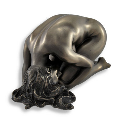 Modern bronze nude woman kneeling shelf sculpture in cold-cast resin, 5.25 inches wide