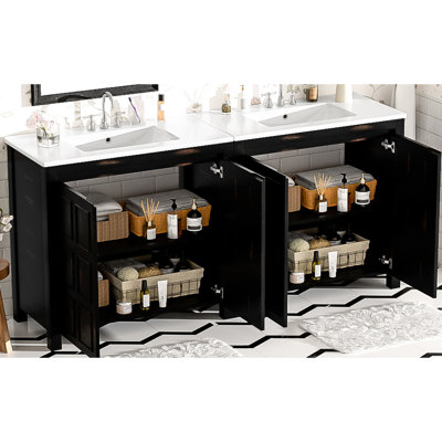 Armoire de salle de bain 72 po avec deux meubles-lavabos et portes à fermeture en douceur - rétro, tablette réglable, teinture large, tablettes, installation facile