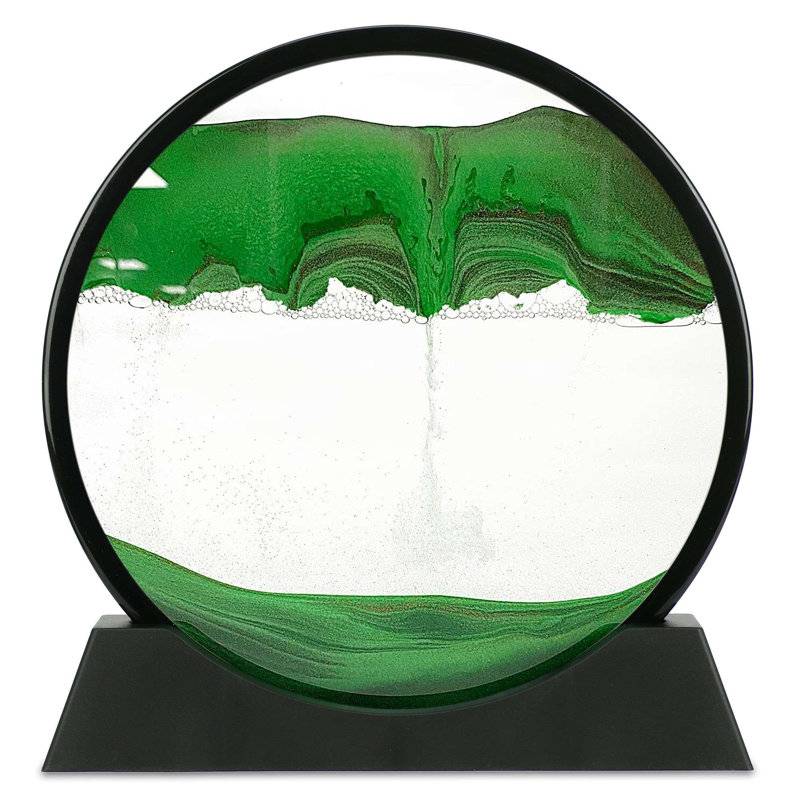 Moving Sand Art Picture Liquid Motion 3D Deep Sea Sandscape Round Glass Flowing Sand Home Desktop Decor, Green