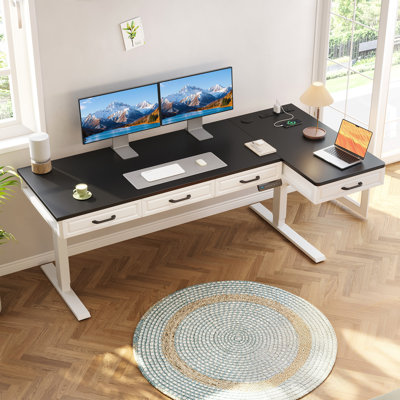 L-Shaped Standing Desk With Integrated Charging Station, Height Adjustable Desk With Four Wooden Drawers, Standing Desk With Memory Controller by Wrought Studio