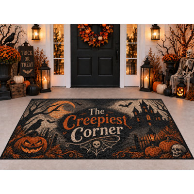Tapis d'extérieur Halloween 152 x 213 cm, motif maison hantée d'angle terrifiant, tapis bouclé en PVC imperméable, tapis résistant à séchage rapide pour porche, terrasse, balcon ou entrée.