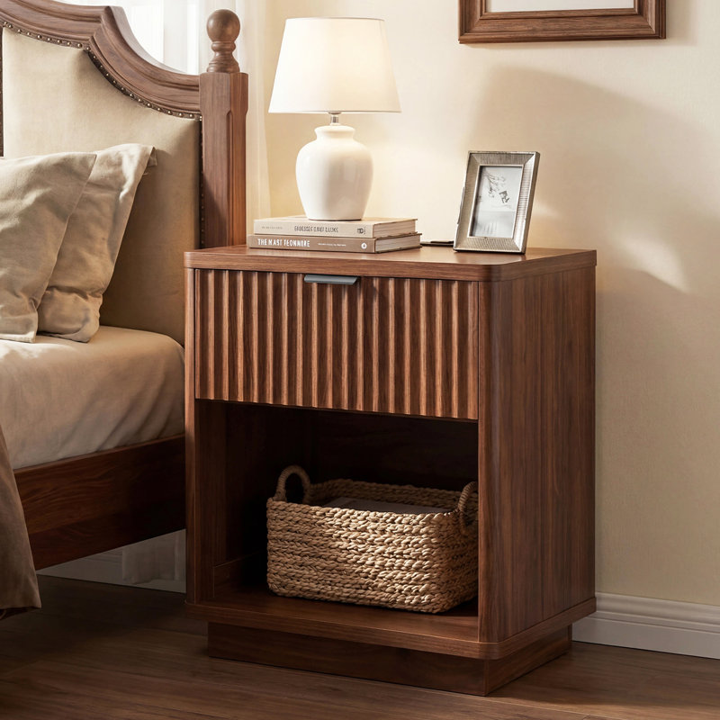 Rhythm Nightstand, Modern Fluted Wood Bed Side Table, Set of 2, Walnut