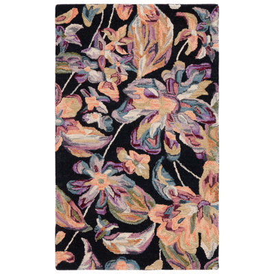 Kehler Hand Tufted Wool/Cotton Floral Rug in Black/Plum