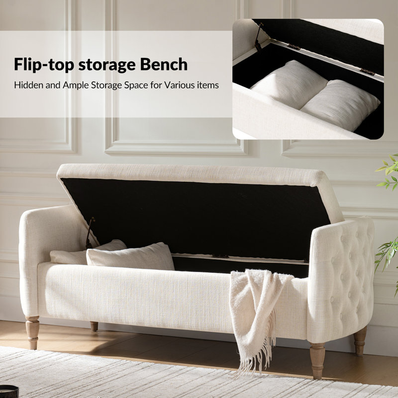 Aristides Farmhouse Flip Top Storage Bench With Two Pillows And Solid Wood Legs, Ivory