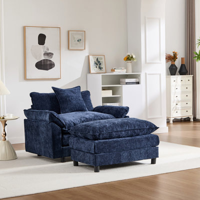 44.5" Modern Accent Chair with Ottoman, Living Room Club Chair Chenille Upholstered Armchair , Reading Chair for Bedroom, Blue Chenille