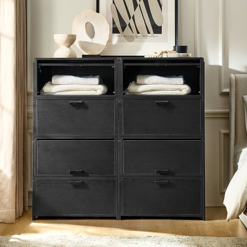 Onida 25"Tall Modern 2-Drawer Modular Design Nightstand With Flip-Top And Solid Wood Handles(Set of 4), Black