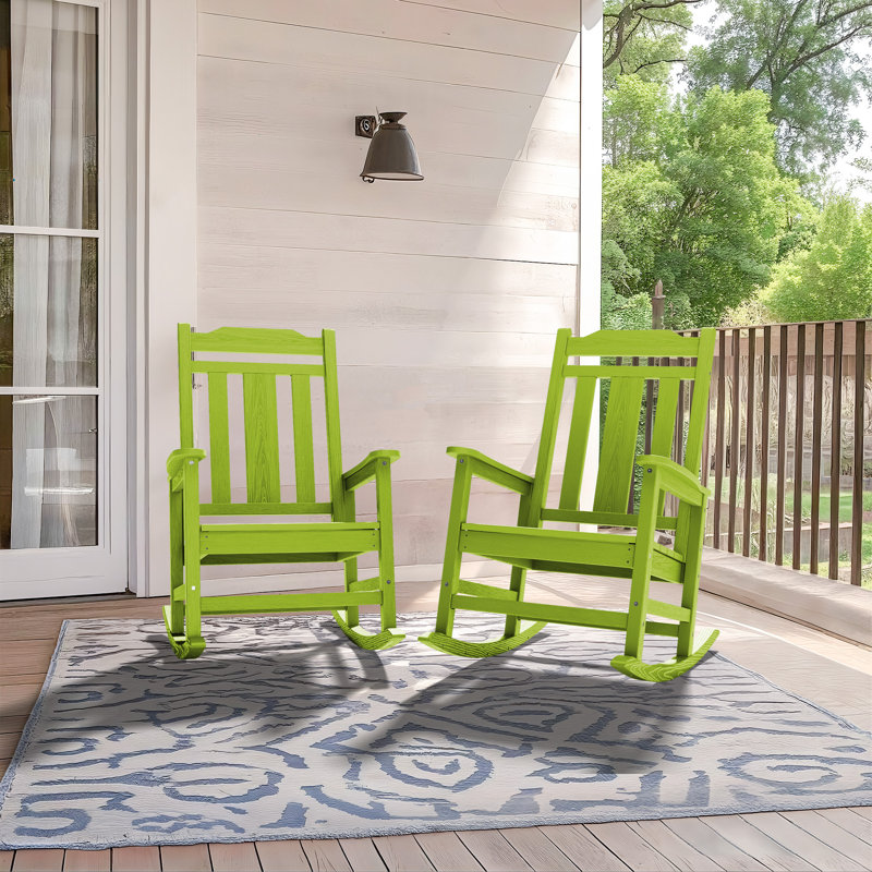 Wolak HDPE Oversized Modern Rocking Adirondack Chair(Set Of 2), Apple Green