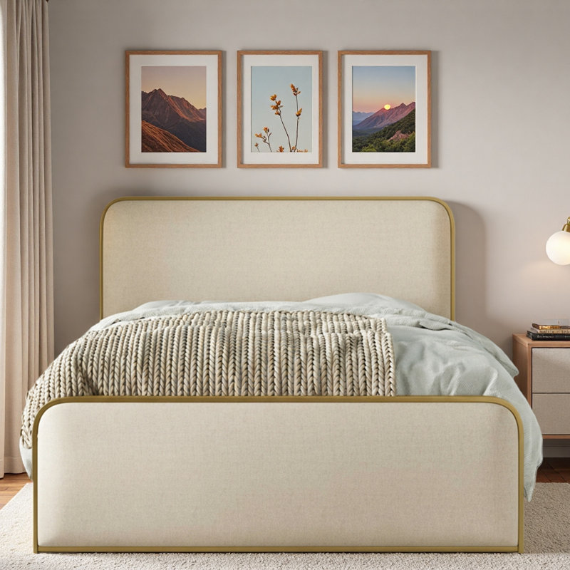 Lit moderne en métal avec tête de lit tapissier courbée et rangement sous le lit, Beige/or