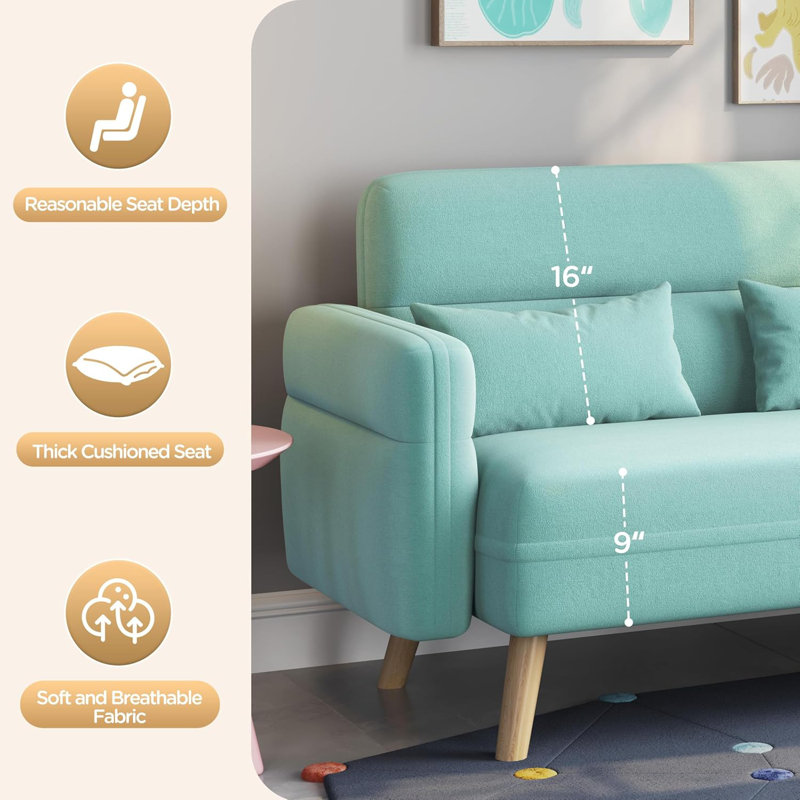 Petit canapé-lit moderne en tissu 46 po avec coussins lombaires 46 po, Aquamarine