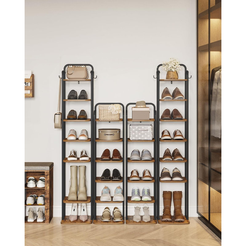 6 Tiers Vertical Shoe Rack, Narrow Shoe Tower, Tall Shoes Shelf With 2 Hooks, Adjustable Shelves, Corner Shoes Shelves For Small Spaces, Entryway, Living Room, Rustic Brown SR04201B