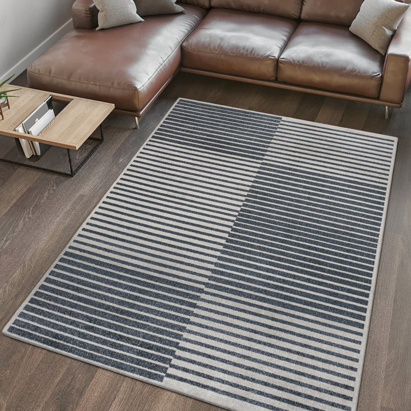 Kentarius Minimalist Striped Plaid Machine-Washable Dark Grey/Cream Rug, Rectangle 2'11" x 4'11"
