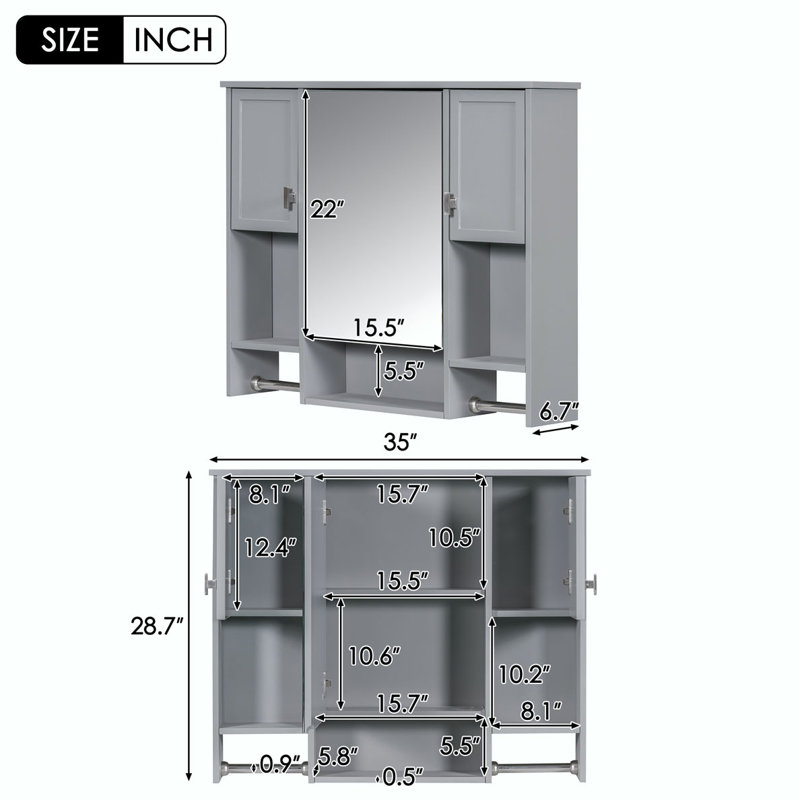 Armoire à pharmacie murale avec miroir 35 po x 28 po, Gris