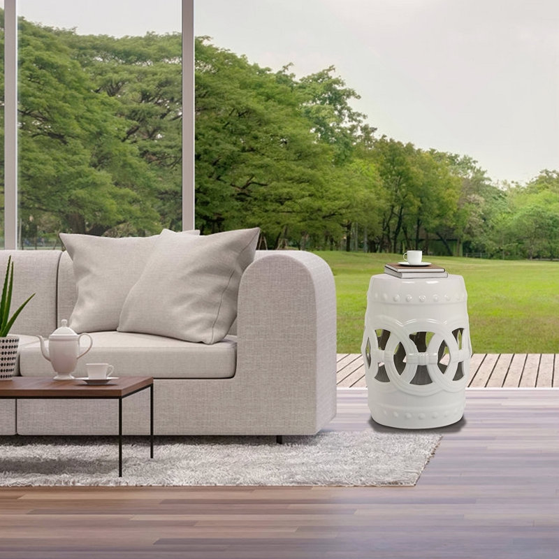Tabouret tambour en céramique émaillée 10,5 po x 17 po - Table d'appoint intérieure / extérieure - Tabouret de jardin décoratif