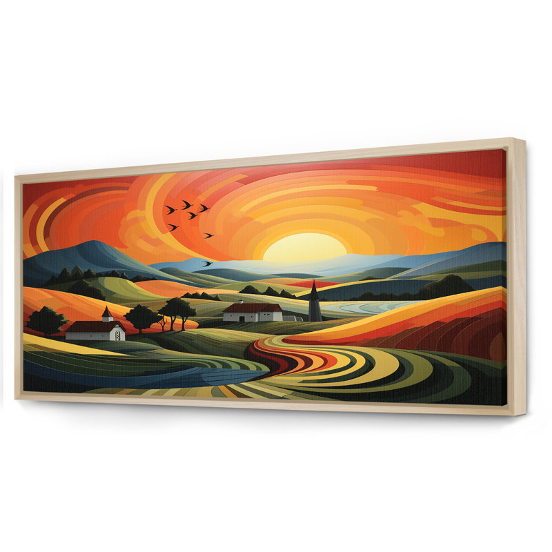 «Minimalist Indiana Farm Countryside I - Barns», art mural, H 28 po x l 60 po x P 1,5 po, Cadre flottant brun
