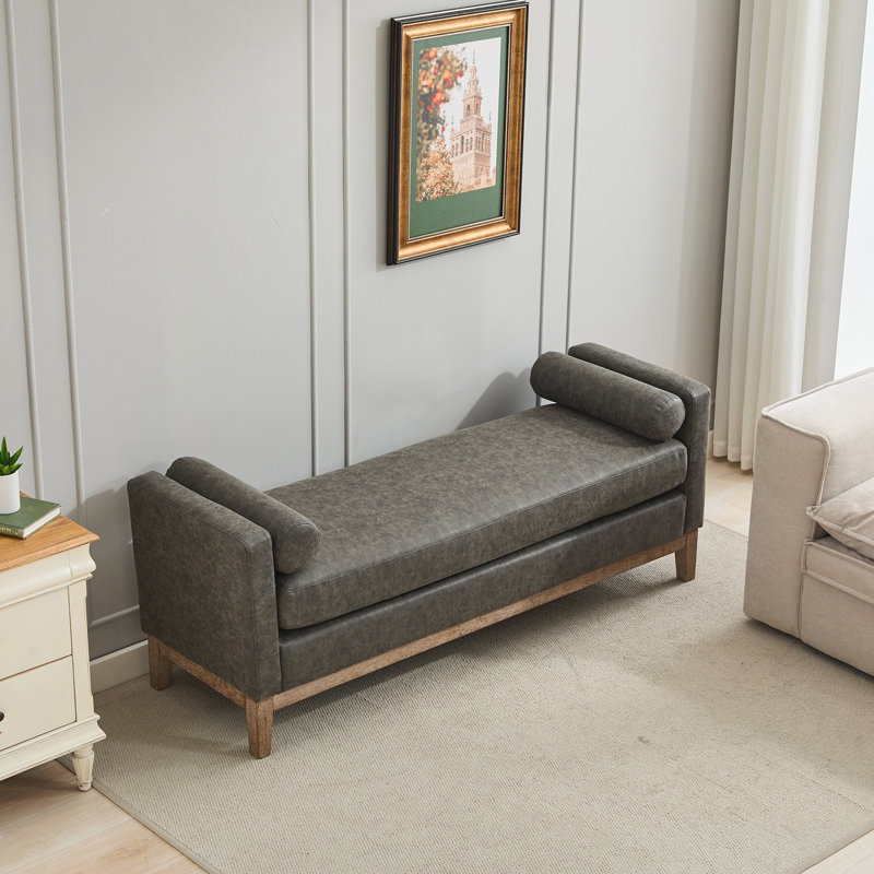 Banc de lit rembourré avec structure en bois, Gray, Gray, Natural