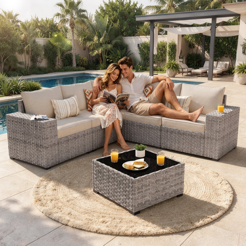 5 - Person Patio Furniture Set , Outdoor Wicker Rattan Sectional Seating Group with Cushions, All Weather Sofa Conversation Set with Table for Garden Backyard