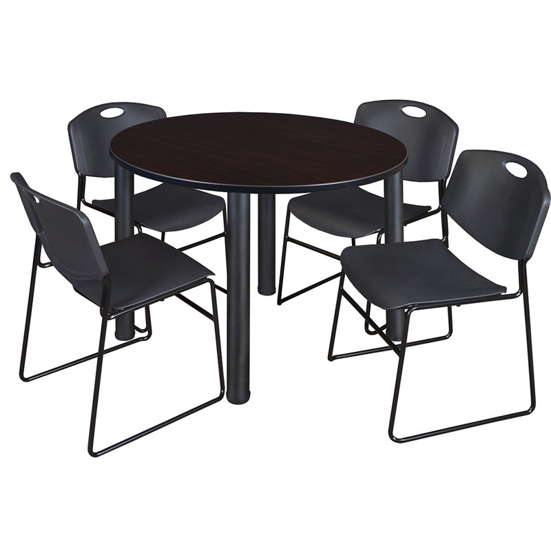 Plateau de table Niaya, 4 chaises empilables, Noir, Cerisier