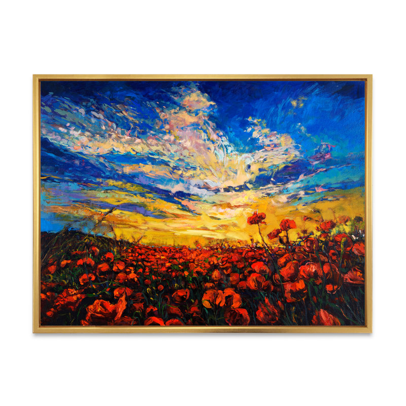 Red Poppy Fields Ii - reproduction d'art sur toile, H 24 po x l 36 po x P 1 po, Cadre flottant doré