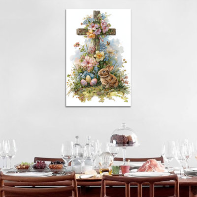 Art mural de Pâques Timuba - lapin sur toile, images murales décoratives printanières pour le salon, œuvre d'art de la croix chrétienne avec lapin et œufs pour Pâques - reproduction sur toile tendue, 12 po x 18 po