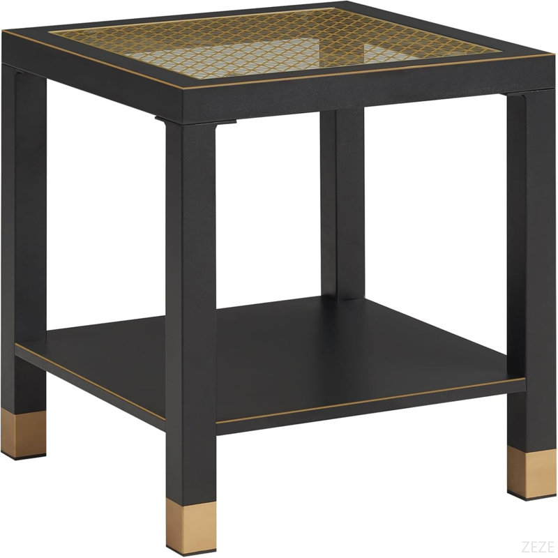 Table d'appoint carrée avec tablette, table d'appoint de style boho pour le salon, table de bout en verre trempé avec structure en métal, table de chevet pour la chambre à coucher