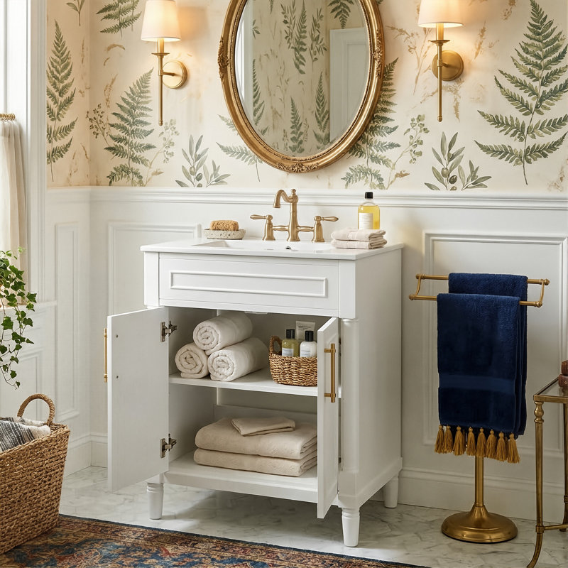 24" Freestanding Bathroom Vanity With Half-Moon Ceramic Sink, Modern Cabinet With 2 Doors And Adjustable Shelf, Green/White/Black