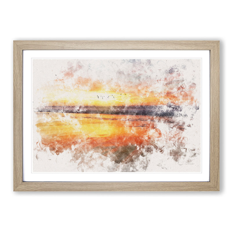 Sunset over San Diego Beach Watercolour - Picture Frame Graphic Art Print, 45cm H x 63cm W x 2cm D, Oak Framed