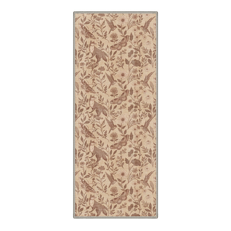 Tapis beige / brun à motif floral rétro avec motif de renard cottagecore, Runner 96 " x 30 "