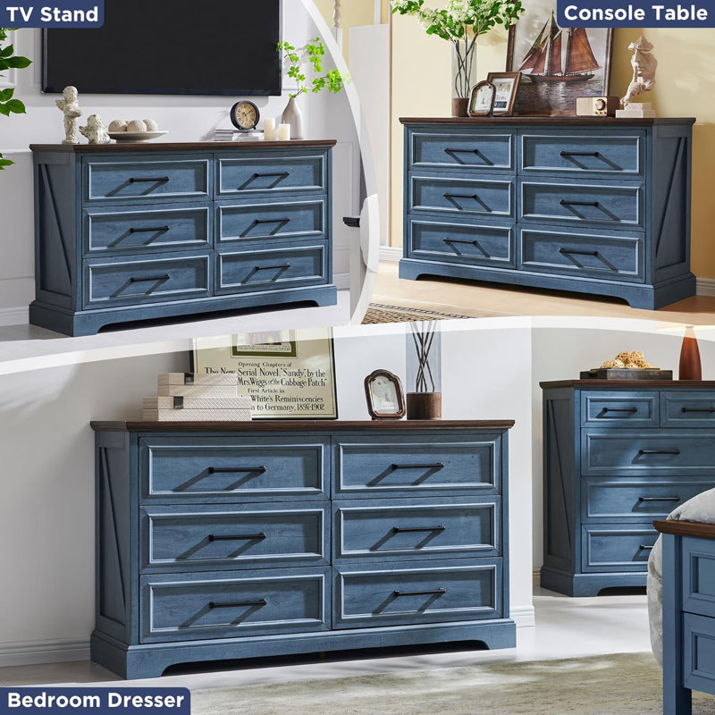 Blue and Brown 52" Farmhouse 6-Drawer Dresser with Rustic Wood