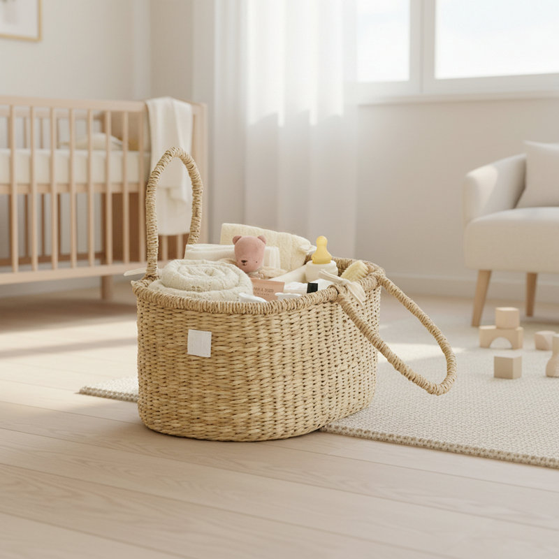 Organisateur de couches Seagrass, panier de rangement en rotin tissé 16 x 11 pouces avec diviseur en coton, cadeau de fête de naissance