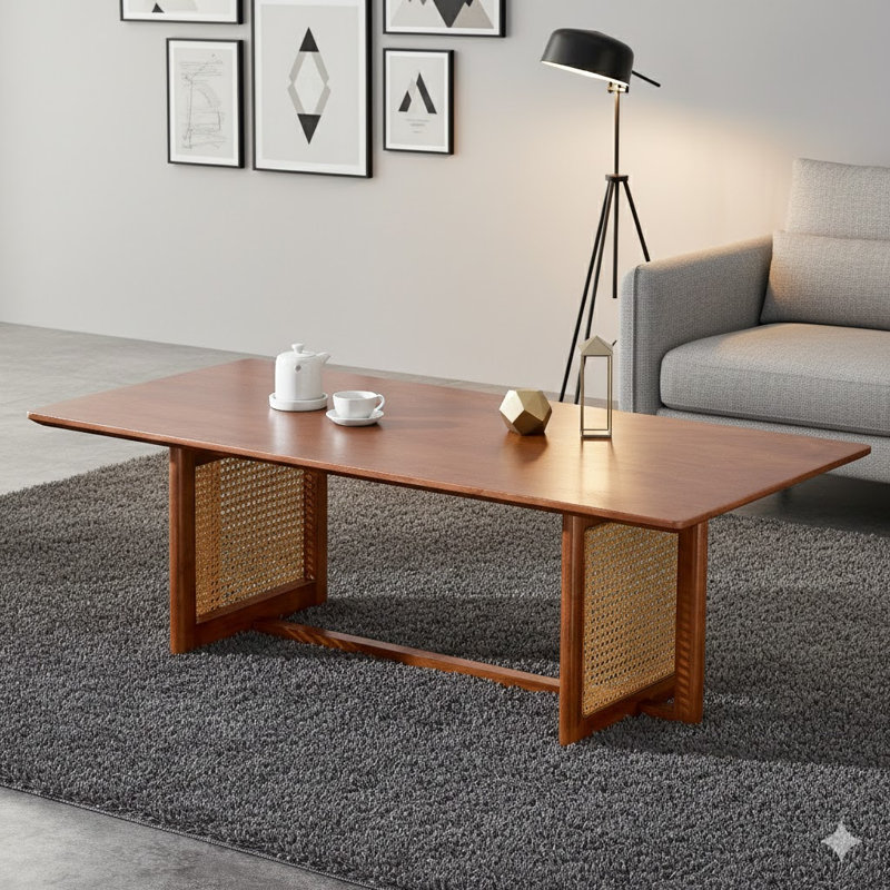 Table basse rectangulaire de style chinois en imitation de vent en rotin de couleur noyer et table basse rectangulaire en bois massif