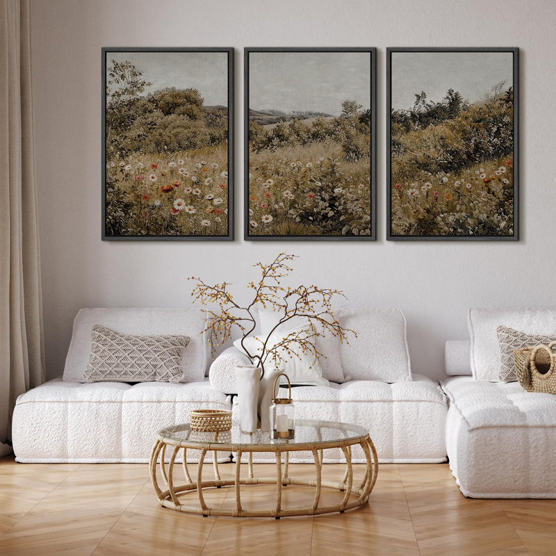 Wildflowers " Summer Wildflower Lush Floral Landscape Illustration Modern Decor Relax Calm Chic " 3 - Pieces, Noir