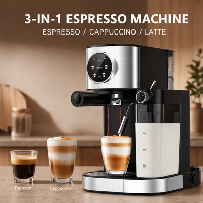 Machine à café expresso tactile 20 bars, machine latte cappuccino 3 en 1 avec mousseur à lait automatique, double chaudière, réservoir d'eau de 1,7 litre, noir