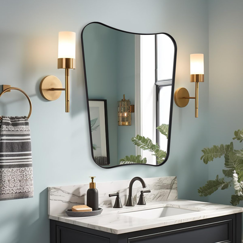 Contemporary Concave Scalloped Irregular Bathroom Vanity Mirror | Stainless Steel Frame, Matte Black, 30" x 22"
