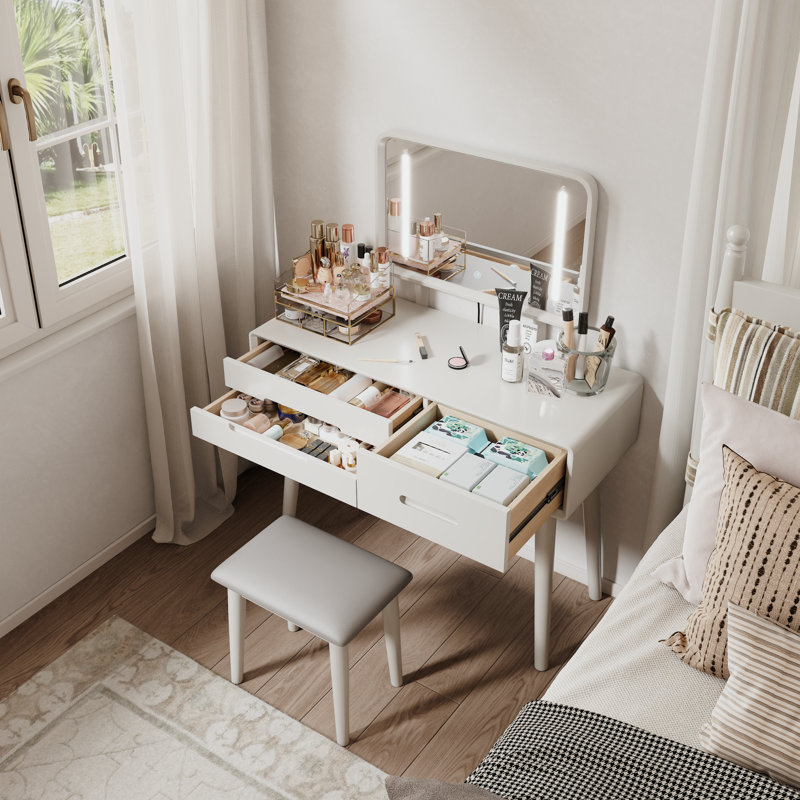 Coiffeuse de maquillage en bois massif avec miroir et 3 modes de luminosité réglables avec 3 tiroirs, Blanc