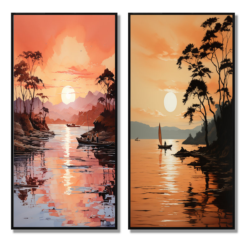 «Golden Sunrise Silhouetted I», 2 pièces, Cadre noir, H 24 po x l 20 po