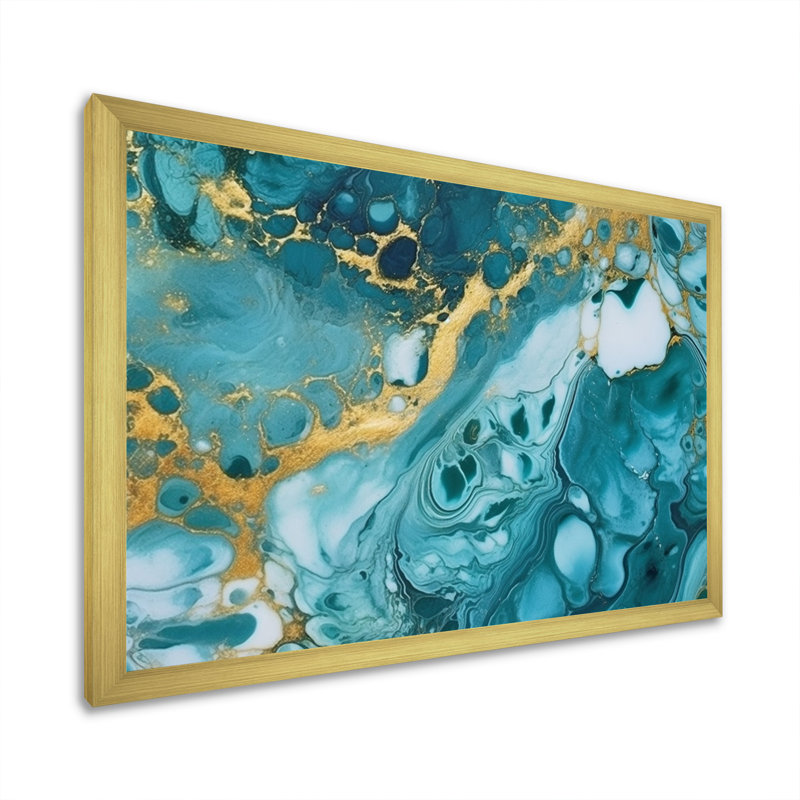 Turquoise de luxe, art fluide abstrait V encadré sur toile, H 30 po x l 40 po x P 1,5 po, Cadre doré à une seule photo